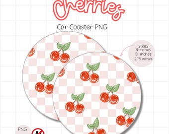 Checkered Cherry Car Coaster PNG, Hand-Drawn Bookish Design (Digital Download)
