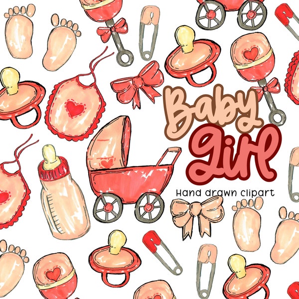 Baby Clip Art - Baby Girl Clip Art - Hand Drawn - Baby Shower Clip Art - Commercial Use