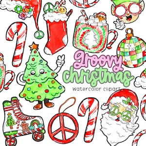 Clipart de Navidad - clipart de acuarela, hippie, groovy, santa, 70s, vacaciones, signo de la paz, sombrero de santa, duende, boho, boho, uso comercial