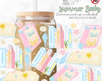 Preppy Summer Beach, Summer Bookish 16oz Glass Wrap PNG (Digital Download)
