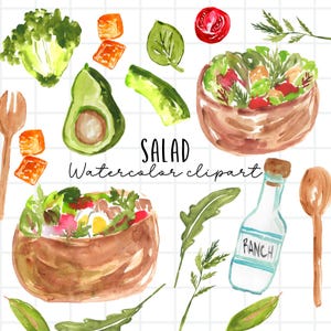 Watercolor clipart - Salad, salad bowl, vegetable, salad greens, tomato, ranch, salad dressing, curtons, olive oil, healthy commercial use