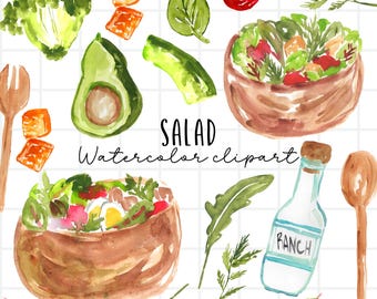 Watercolor clipart - Salad, salad bowl, vegetable, salad greens, tomato, ranch, salad dressing, curtons, olive oil, healthy commercial use