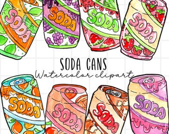Watercolor soda clipart, soda pop,drinks,fast food, soda cans,soft drink, fruit drink, commercial use, sublimation png