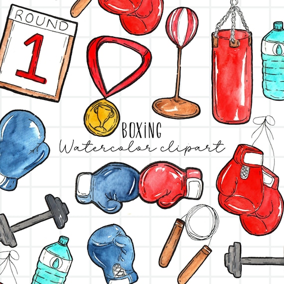 watercolor clipart- boxing, sports, boxing glove, punching bag, red boxing glove, blue boxing glove, jump rope, boxing belt commercial use