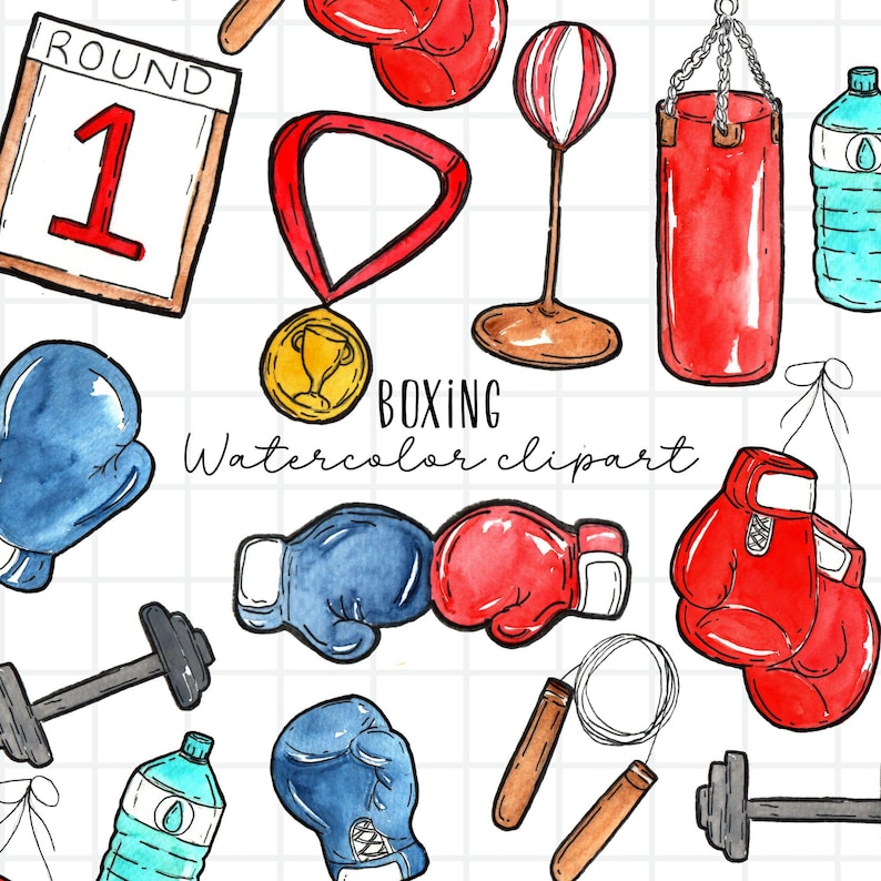 watercolor clipart- boxing, sports, boxing glove, punching bag, red boxing glove, blue boxing glove, jump rope, boxing belt commercial use image 1