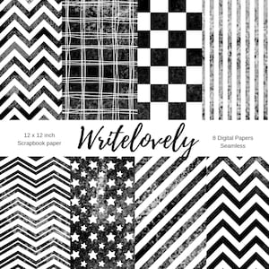 Op de afbeelding: Set van acht digitale scrapbook-papieren van 30,5 x 30,5 cm met zwart-witte geometrische patronen. De patronen omvatten strepen, zigzag, sterren en ruitjes. De tekst "Writelovely" staat in het midden van de afbeelding.