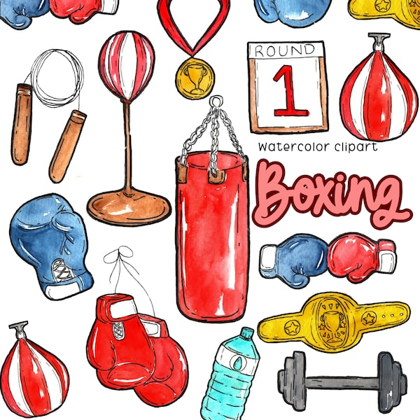 watercolor clipart- boxing, sports, boxing glove, punching bag, red boxing glove, blue boxing glove, jump rope, boxing belt commercial use