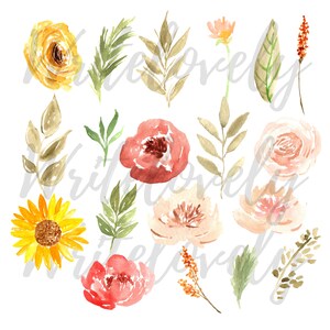以下が含まれることがあります： 水彩画で描かれた様々な花と葉のイラストの集まりです。花は、黄色、ピンク、赤、オレンジのヒマワリ、バラ、シャクヤクなどがあります。葉は緑と茶色の色合いです。