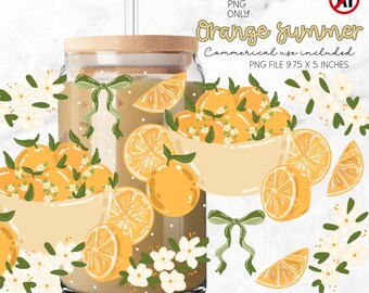Cottage Core Summer Orange Glass Wrap, Citrus Fruit Iced Coffee PNG (Digital Download)
