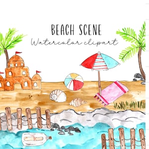 akwarela plaża clipart - twórca sceny plaży letniej clipart PNG grafika do użytku komercyjnego