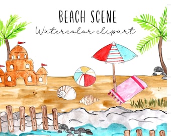 Aquarelle plage clipart - créateur de scène de plage d'été clip art PNG graphiques à usage commercial