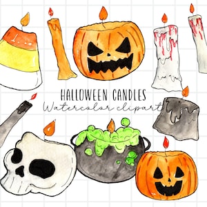 Watercolor Halloween clip art, Fall, black candles, halloween decor, pumpkin, skull PNG illustration for commercial use