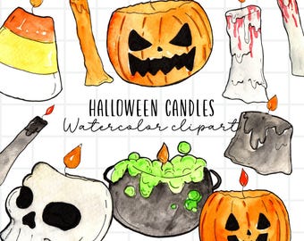 Watercolor Halloween clip art, Fall, black candles, halloween decor, pumpkin, skull PNG illustration for commercial use