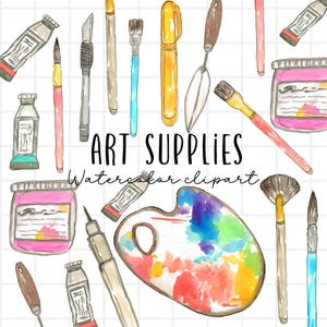 Watercolor art supplies clipart, paint brush, paint, canvas graphics back to school craft png commercial use