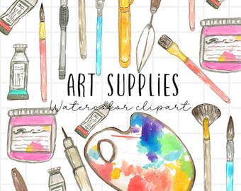Watercolor art supplies clipart, paint brush, paint, canvas graphics back to school craft png commercial use