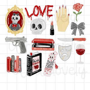 May include: A collection of watercolor illustrations featuring gothic romance themes. Includes a skull, a handgun, a stack of books with the text "Death Do Us Part", a lipstick, a hand with the word "LOVE" on the nails, a knife, and a glass of red wine.