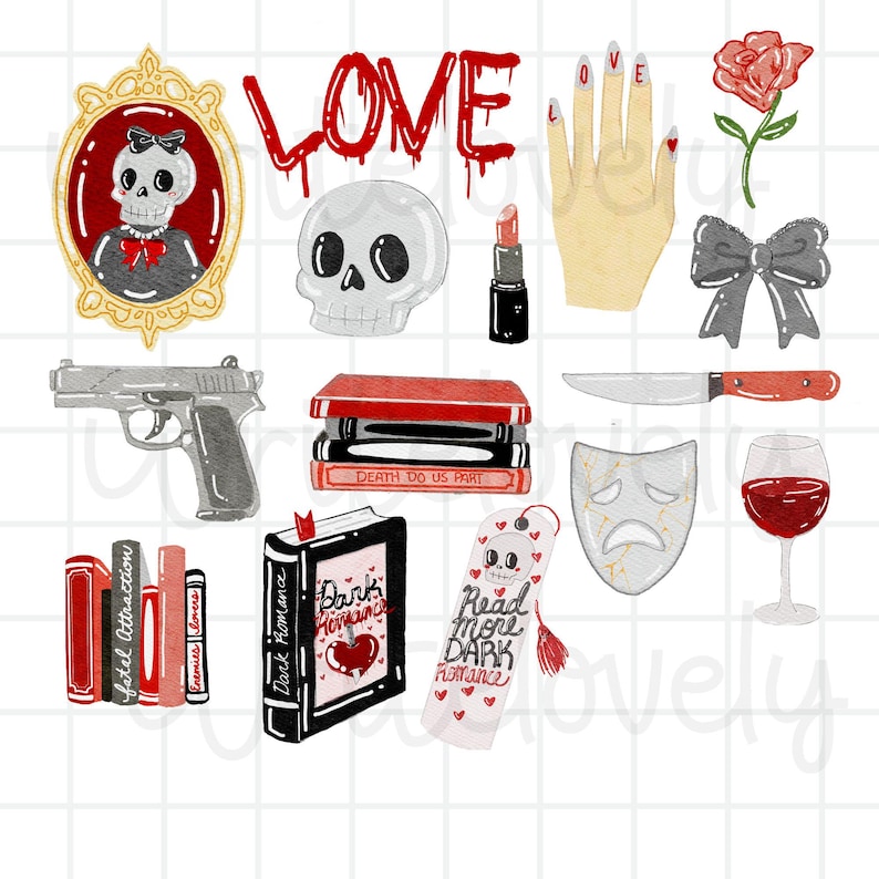 May include: A collection of watercolor illustrations featuring gothic romance themes. Includes a skull, a handgun, a stack of books with the text "Death Do Us Part", a lipstick, a hand with the word "LOVE" on the nails, a knife, and a glass of red wine.