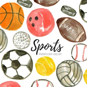 Clipart akwarelowy - sport, piłki sportowe, koszykówka, piłka nożna, baseball, piłka nożna, sportowy, zajęcia WF, grafika sublimacyjna do użytku komercyjnego