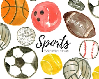 Watercolor clipart - sports, sports balls, basketball, football, baseball, soccer, sporty, PE class, commercial use sublimatiom graphics