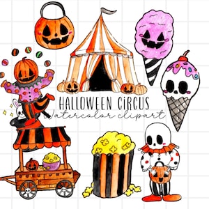 Clipart de Halloween en acuarela, carnaval espeluznante, feria, payaso aterrador de circo, ilustración de carpa de carnaval en formato PNG para uso comercial
