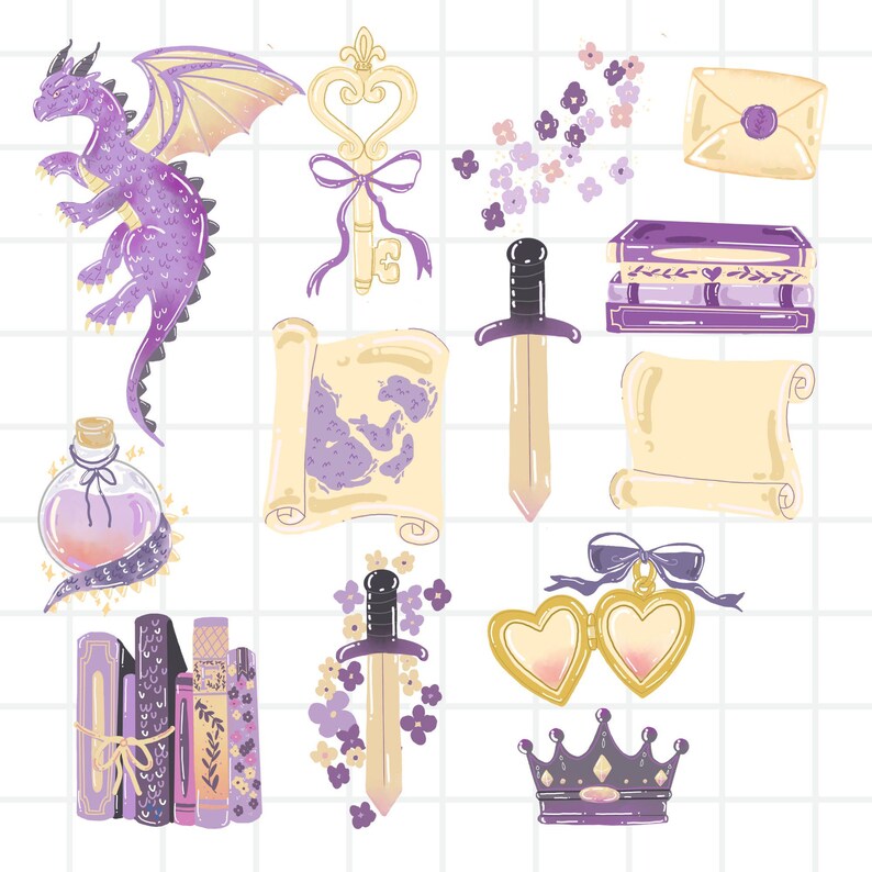 May include: A collection of fantasy-themed illustrations featuring a purple dragon, a heart-shaped key, swords, scrolls, books, a crown, a potion bottle, a locket, and an envelope. The illustrations are in shades of purple, gold, and cream.