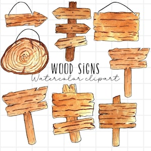 Imágenes prediseñadas de letreros de madera de acuarela: letreros colgantes, tablones, letreros, flechas de madera, ilustraciones PNG para uso comercial
