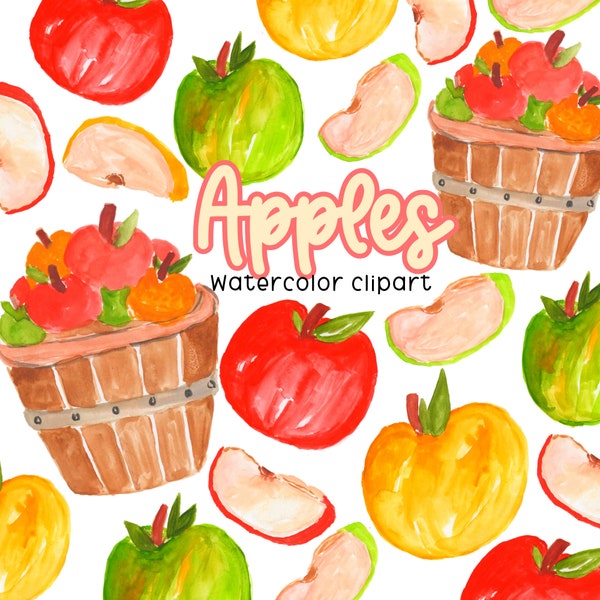 Watercolor apple clipart, fall fruit, apple slices graphics in png format. Digital download commercial use