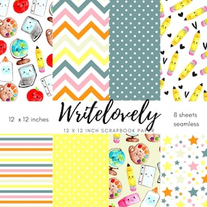 Seamless digital scrapbook paper, kawaii, back to school, school, chevron, stripes, repeated pattern, background, commercial use