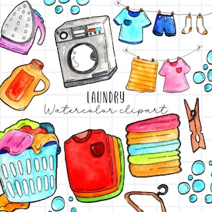 Watercolor laundry clipart, washing machine, clothes, soap cleaning graphics commercial use