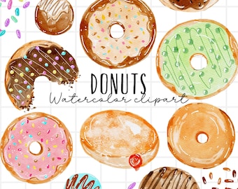 Clipart de donut em aquarela, donut PNG, donut de chocolate, donut glaceado, clipart de cafeteria, clipart de comida em aquarela para uso comercial