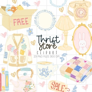 May include: A collection of illustrated thrift store-themed clipart. Includes a cardboard box with "FREE" text, a cardigan with patches, a lamp, a telephone, a mirror with a bunny, a teapot, a teacup, and a blanket.