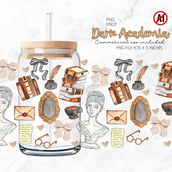 Dark Academia PNG Libbey Glass Wrap, coffee glass Wrap PNG, Commercial Use, Dark Academia vibes, Halloween glass can wrap