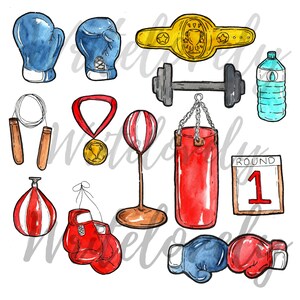 May include: Watercolor illustration of boxing equipment, including boxing gloves, a punching bag, a jump rope, a weight, a medal, a water bottle, and a round 1 sign.