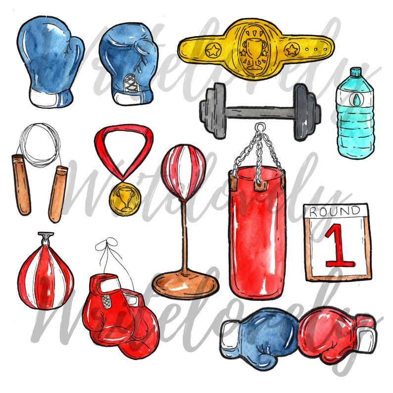 May include: Watercolor illustration of boxing equipment, including boxing gloves, a punching bag, a jump rope, a weight, a medal, a water bottle, and a round 1 sign.