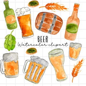 Watercolor beer clip art - Beer, beer bottle alcohol, hops, drinking, brewery, keg, sublimation PNG illustration, commercial use