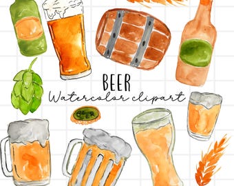 Watercolor beer clip art - Beer, beer bottle alcohol, hops, drinking, brewery, keg, sublimation PNG illustration, commercial use