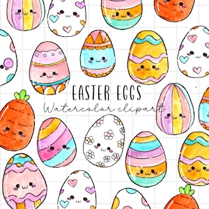 Huevos de Pascua kawaii en acuarela: Pascua, huevos, kawaii, búsqueda de huevos, caras lindas, uso comercial