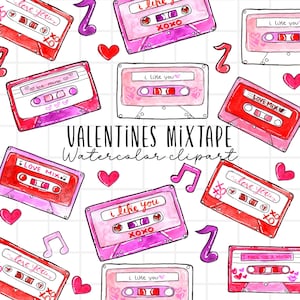 Imágenes prediseñadas de San Valentín retro: acuarela, mixtape, cintas de casete, música, vintage, radio, mixtape de San Valentín, sublimación png para uso comercial