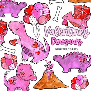 Valentinstag Dinosaurier Clipart. Aquarell, Herzen, Trex, Stegasaurus, Vulkan, prähistorische, kommerzielle Nutzung, png, Sublimation