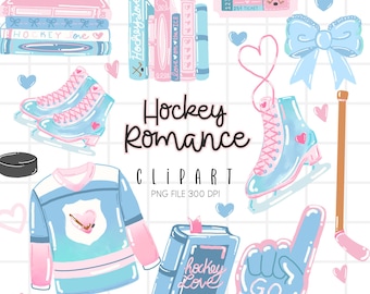 Hockey romantiek clipart, ijshockey PNG, leesgrage boekenliefhebber graphics digitale download