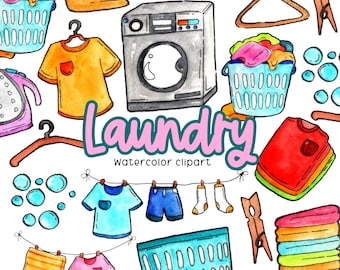 Watercolor laundry clipart, washing machine, clothes, soap cleaning graphics commercial use