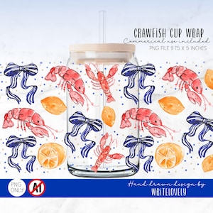 Coastal Coquette Glass Wrap, La Dolce Vita cup wrap, Coastal Cup Wrap, Ice Coffee Cup Wrap, Crawfish PNG,  Coquette Fisherman Glass Warp