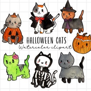 Watercolor clipart - Halloween cats, spooky, creepy, cute cats, cat costume, kawaii animal, kittens, halloweem costumes, commercial use