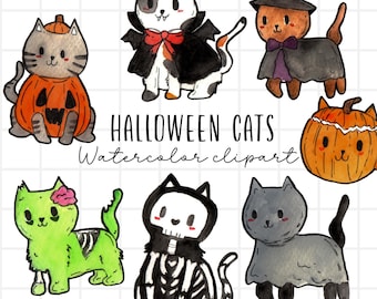 Watercolor clipart - Halloween cats, spooky, creepy, cute cats, cat costume, kawaii animal, kittens, halloweem costumes, commercial use