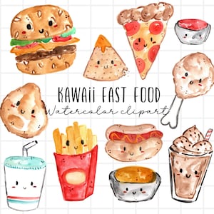 Watercolor clipart - kawaii, fast food, burger, fries, soda, food and drink with faces, PNG, commercial and personal use, sublimation