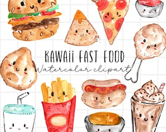 Watercolor clipart - kawaii, fast food, burger, fries, soda, food and drink with faces, PNG, commercial and personal use, sublimation
