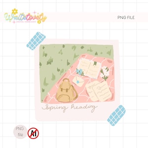 May include: A digital illustration depicting a picnic scene with a pink blanket, an open book, flowers, and a small backpack. The words "Spring Reading" are written in cursive. The image is framed with a white border and blue tape.