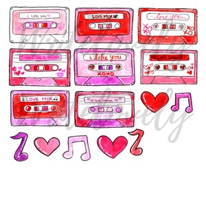 Retro Valentines Clipart - Watercolor, Mixtape, Cassette Tapes, Music ...