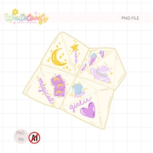 Puede incluir: Un papel de adivino beige claro con ilustraciones mágicas y femeninas. Las ilustraciones incluyen una luna creciente, una varita de estrella, cristales, un sombrero de bruja, una bola de cristal y un corazón. Las palabras "magical" y "girlie" están escritas en el adivino.