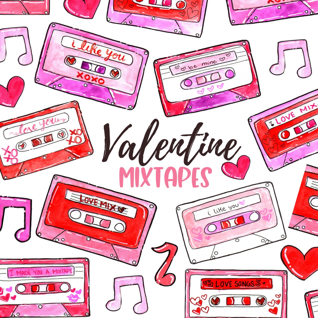 Retro Valentines Clipart - Watercolor, Mixtape, Cassette Tapes, Music ...